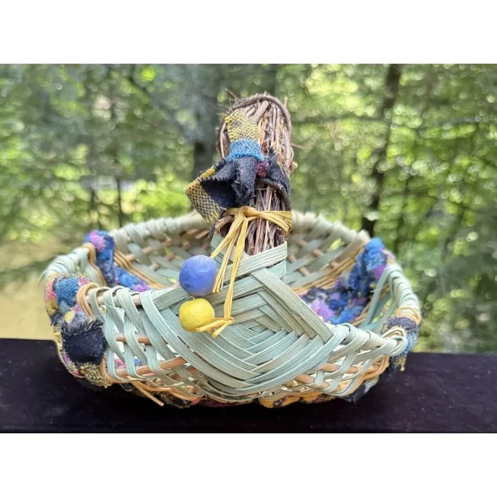 Vintage Woven African Egg Basket Super Colorful With Rag Bead Accents